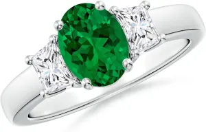 Angara Classic Oval Lab Grown Emerald and Trapezoid Diamond Three Stone Engagement Ring in 14K Solid Gold/Platinum | May Birthstone, Birthday, Anniversary, Wedding Jewelry Gift for Women