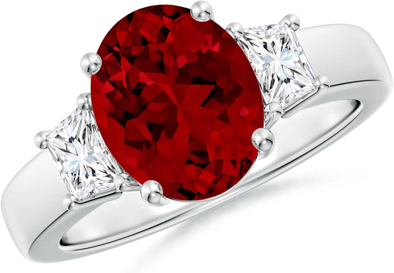 Angara Classic Oval Lab Grown Ruby and Trapezoid Diamond Three Stone Engagement Ring in 14K Solid Gold/Platinum | July Birthstone, Birthday, Anniversary, Wedding Jewelry Gift for Women