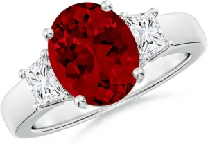 Angara Classic Oval Lab Grown Ruby and Trapezoid Diamond Three Stone Engagement Ring in 14K Solid Gold/Platinum | July Birthstone, Birthday, Anniversary, Wedding Jewelry Gift for Women