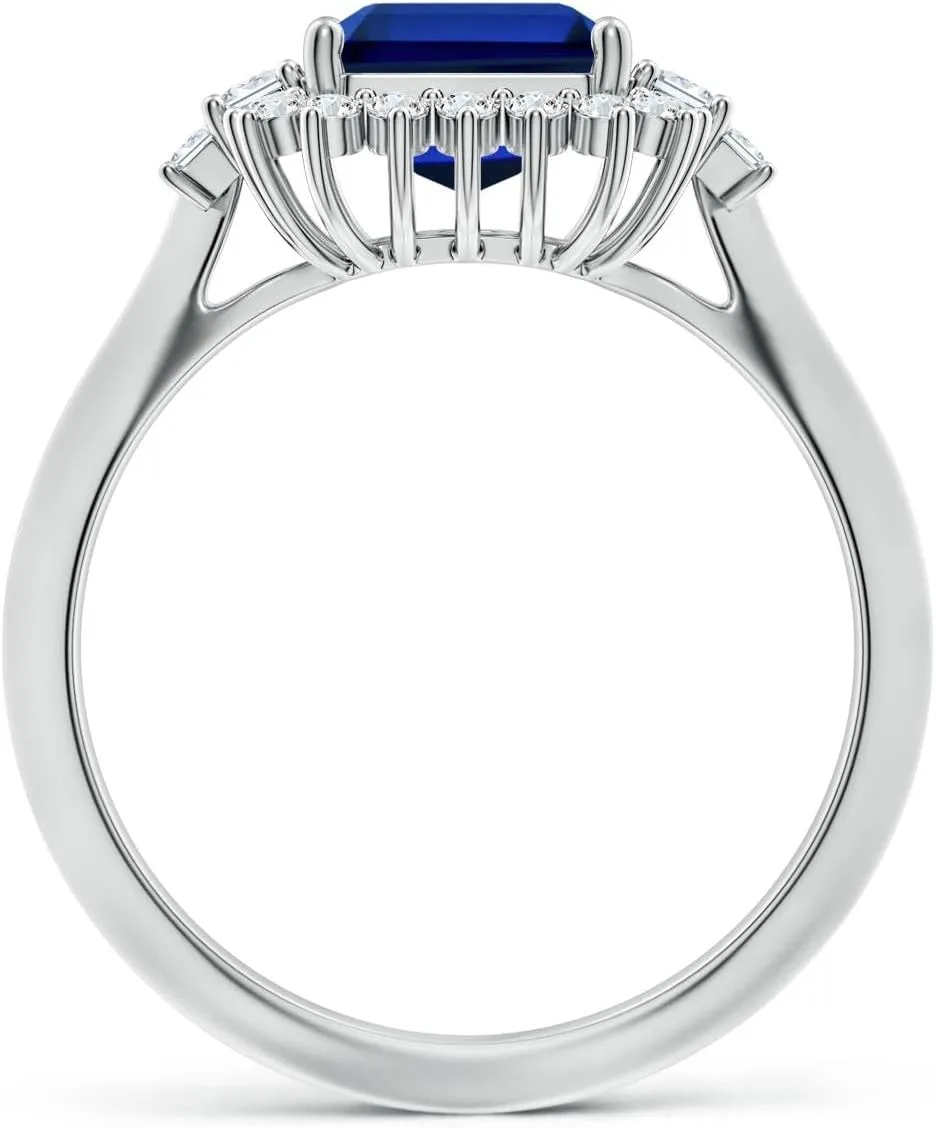 Angara Emerald-Cut Lab Grown Blue Sapphire Halo Knife-Edge Shank Engagement Ring in 14K Solid Gold/Platinum | Birthday, Anniversary, Wedding Jewelry Gift for Women