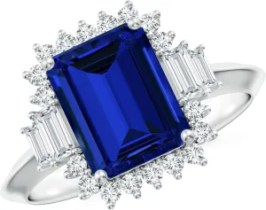 Angara Emerald-Cut Lab Grown Blue Sapphire Halo Knife-Edge Shank Engagement Ring in 14K Solid Gold/Platinum | Birthday, Anniversary, Wedding Jewelry Gift for Women