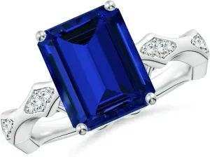 Angara Emerald-Cut Lab Grown Blue Sapphire Wavy Shank Engagement Ring with Accents in 14K Solid Gold/Platinum | Birthday, Anniversary, Wedding Jewelry Gift for Women