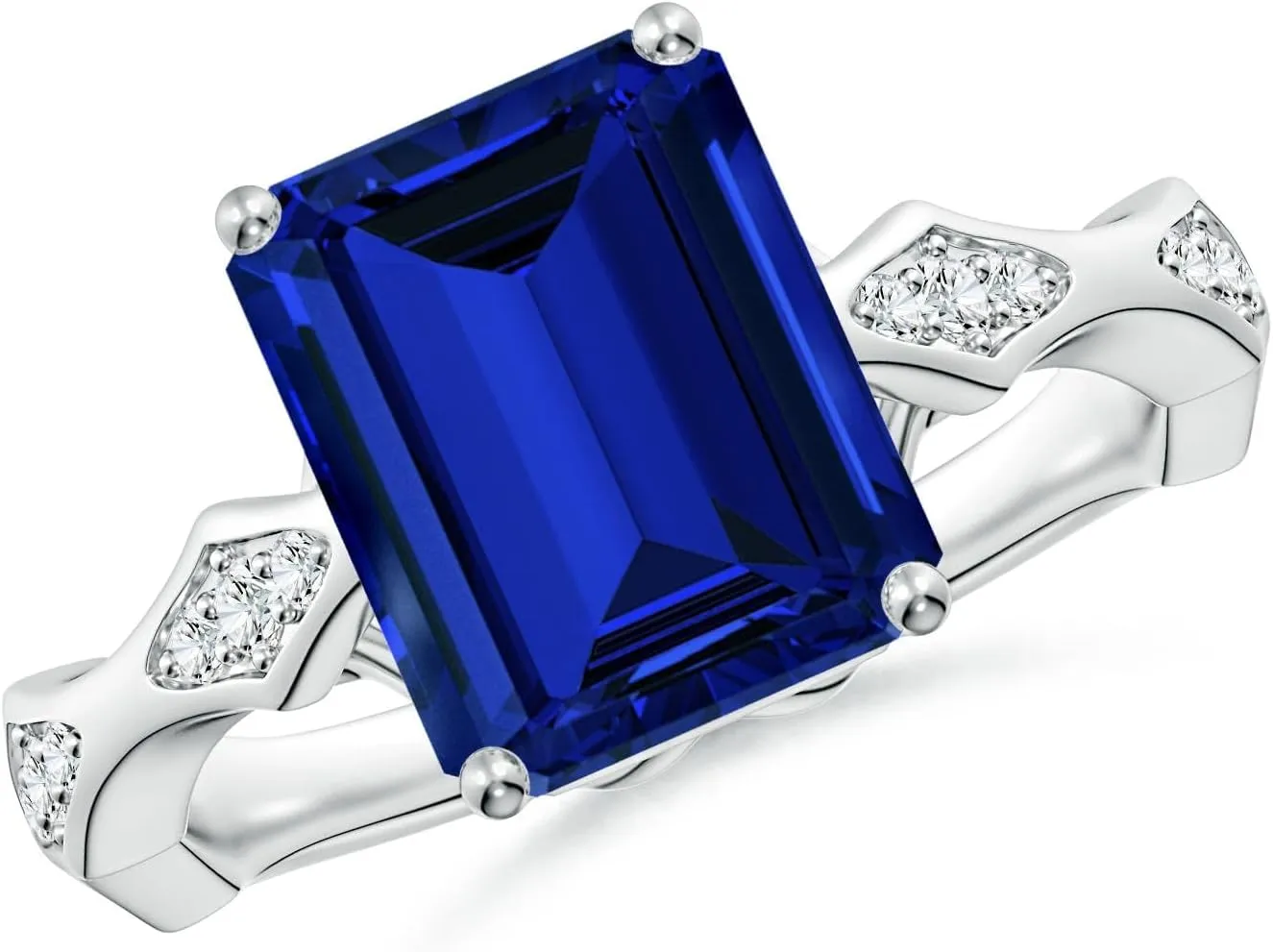 Angara Emerald-Cut Lab Grown Blue Sapphire Wavy Shank Engagement Ring with Accents in 14K Solid Gold/Platinum | Birthday, Anniversary, Wedding Jewelry Gift for Women