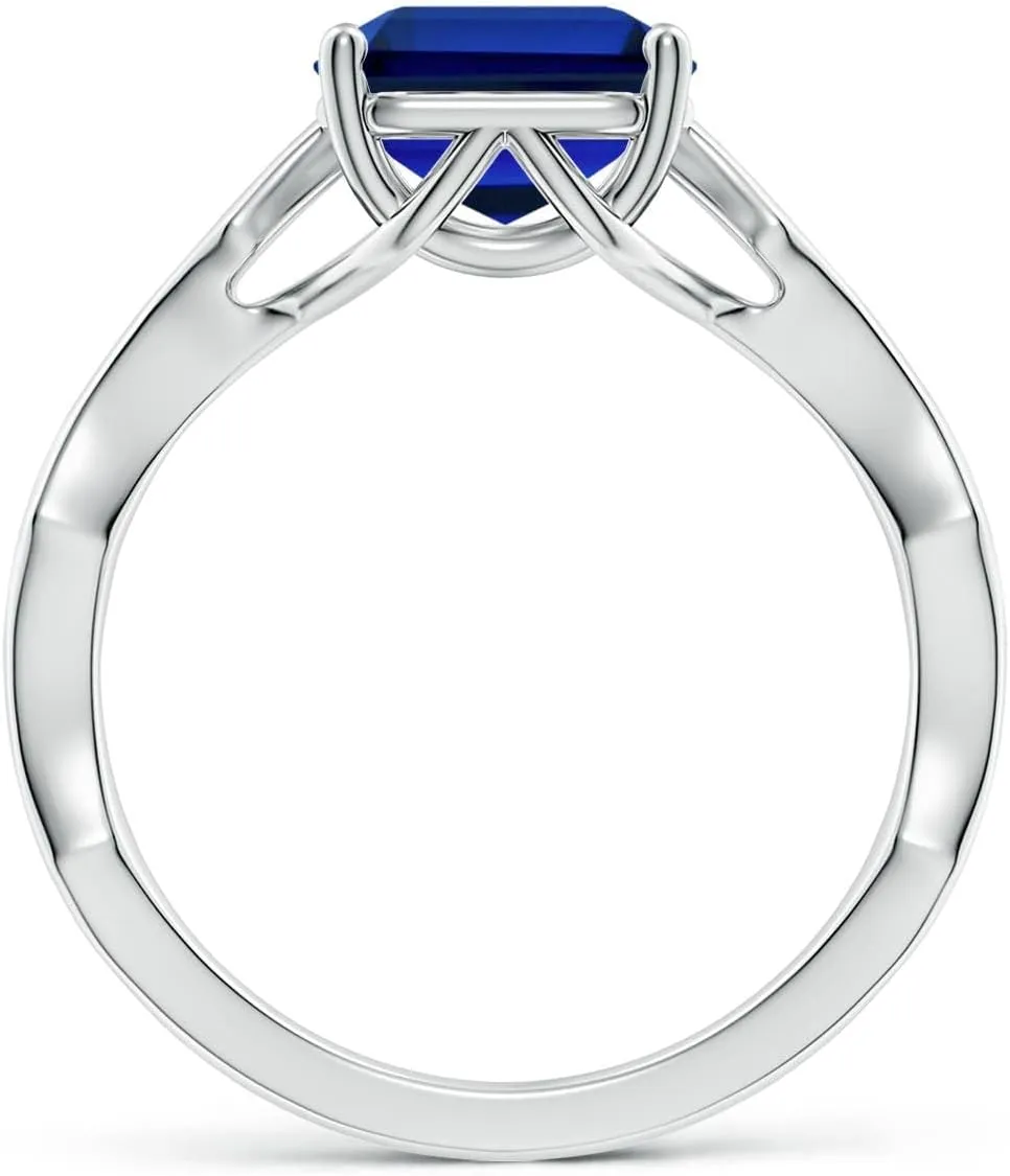 Angara Emerald-Cut Lab Grown Blue Sapphire Wavy Shank Engagement Ring with Accents in 14K Solid Gold/Platinum | Birthday, Anniversary, Wedding Jewelry Gift for Women