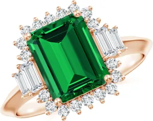 Angara Emerald-Cut Lab Grown Emerald Halo Knife-Edge Shank Engagement Ring in 14K Solid Gold/Platinum | Birthday, Anniversary, Wedding Jewelry Gift for Women