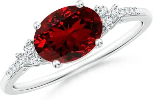 Angara Horizontally Set Oval Lab Grown Ruby Solitaire Engagement Ring with Trio Diamond Accents in Silver / 14K Solid Gold/Platinum | July Birthstone, Birthday, Anniversary Jewelry Gift for Women