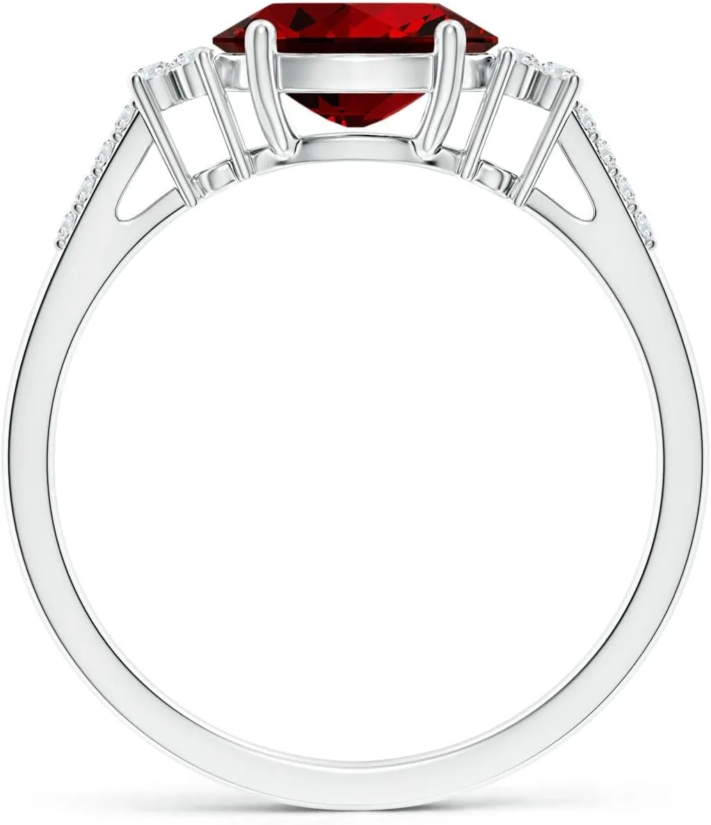 Angara Horizontally Set Oval Lab Grown Ruby Solitaire Engagement Ring with Trio Diamond Accents in Silver / 14K Solid Gold/Platinum | July Birthstone, Birthday, Anniversary Jewelry Gift for Women