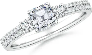 Angara Lab Grown Asscher-Cut Diamond Side Stone Knife-Edge Shank Engagement Ring in Silver / 14K Solid Gold/Platinum | April Birthstone, Birthday, Anniversary, Wedding Jewelry Gift for Women