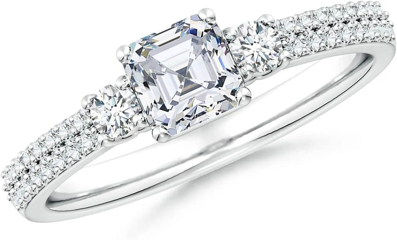 Angara Lab Grown Asscher-Cut Diamond Side Stone Knife-Edge Shank Engagement Ring in Silver / 14K Solid Gold/Platinum | April Birthstone, Birthday, Anniversary, Wedding Jewelry Gift for Women