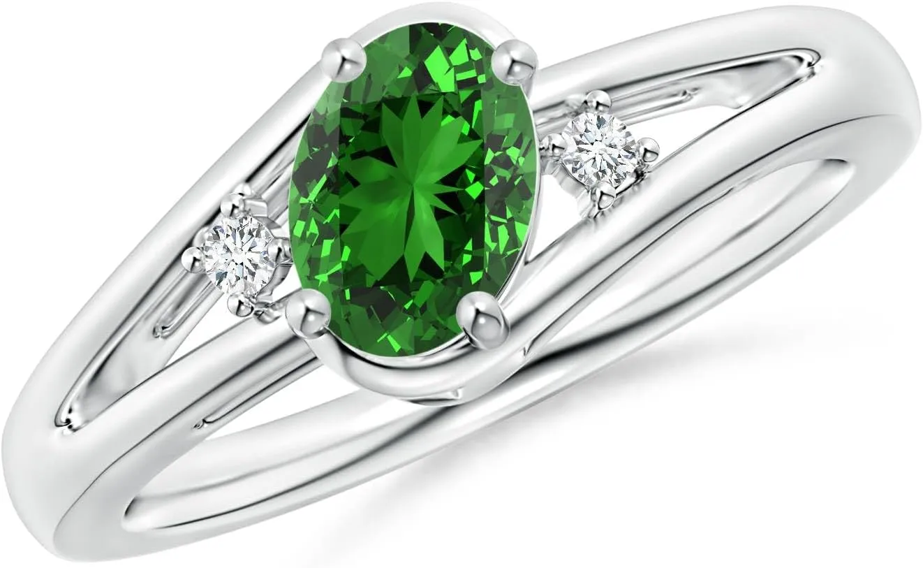 Angara Lab Grown Emerald and Lab Diamond Split Shank Ring in 14K Solid Gold/Platinum | May Birthstone, Birthday, Engagement, Anniversary, Wedding Jewelry Gift for Women