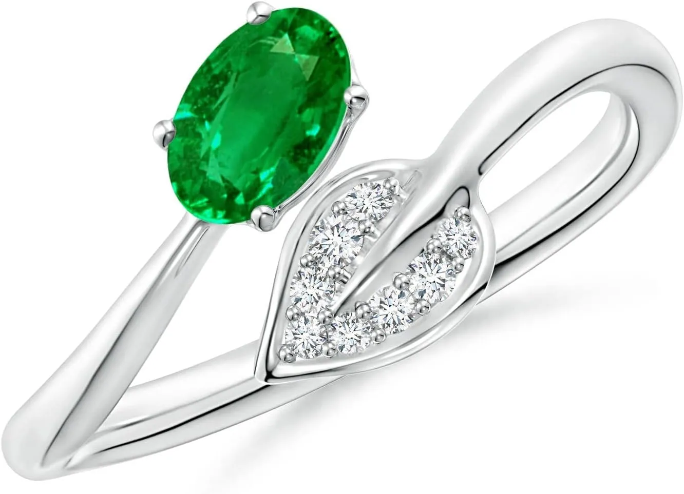 Angara Lab Grown Emerald Bypass Ring with Diamond Leaf in 14K Solid Gold/Platinum | May Birthstone, Birthday, Engagement, Anniversary, Wedding Jewelry Gift for Women