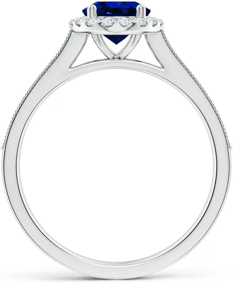 Angara Lab Grown Oval Blue Sapphire Reverse Tapered Shank Halo Engagement Ring in 14K Solid Gold/Platinum | September Birthstone, Birthday, Anniversary, Wedding Jewelry Gift for Women