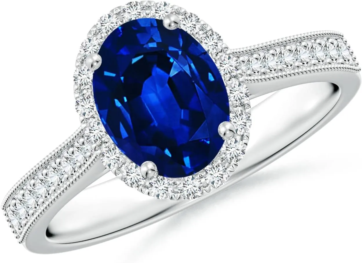 Angara Lab Grown Oval Blue Sapphire Reverse Tapered Shank Halo Engagement Ring in 14K Solid Gold/Platinum | September Birthstone, Birthday, Anniversary, Wedding Jewelry Gift for Women