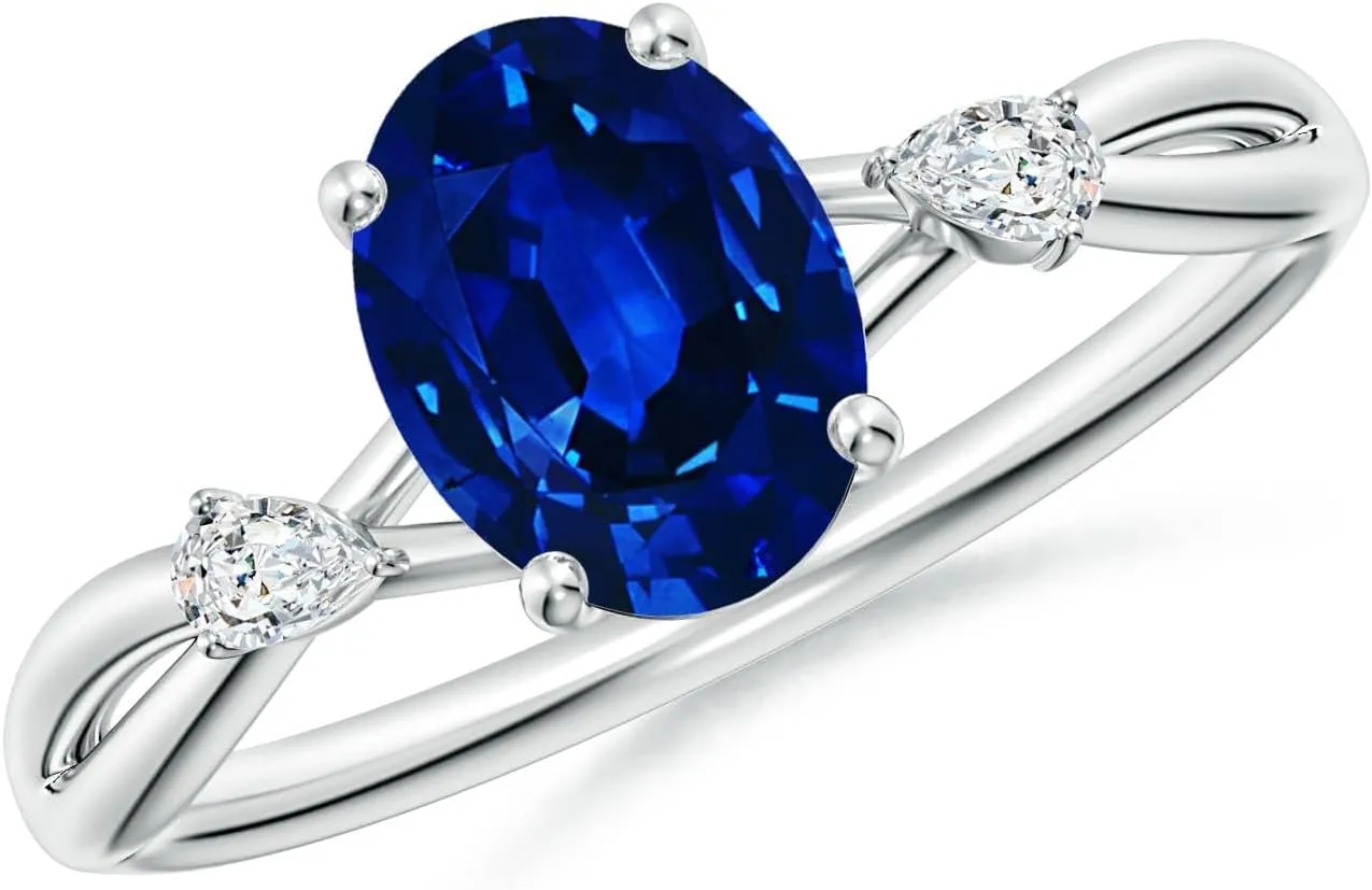 Angara Lab Grown Oval Blue Sapphire Side Stone Engagement Ring in 14K Solid Gold/Platinum | September Birthstone, Birthday, Anniversary, Wedding Jewelry Gift for Women