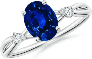 Angara Lab Grown Oval Blue Sapphire Side Stone Engagement Ring in 14K Solid Gold/Platinum | September Birthstone, Birthday, Anniversary, Wedding Jewelry Gift for Women
