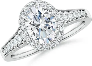Angara Lab Grown Oval Diamond Halo Engagement Ring with Milgrain in Silver / 14K Solid Gold/Platinum | April Birthstone, Birthday, Anniversary, Wedding Jewelry Gift for Women
