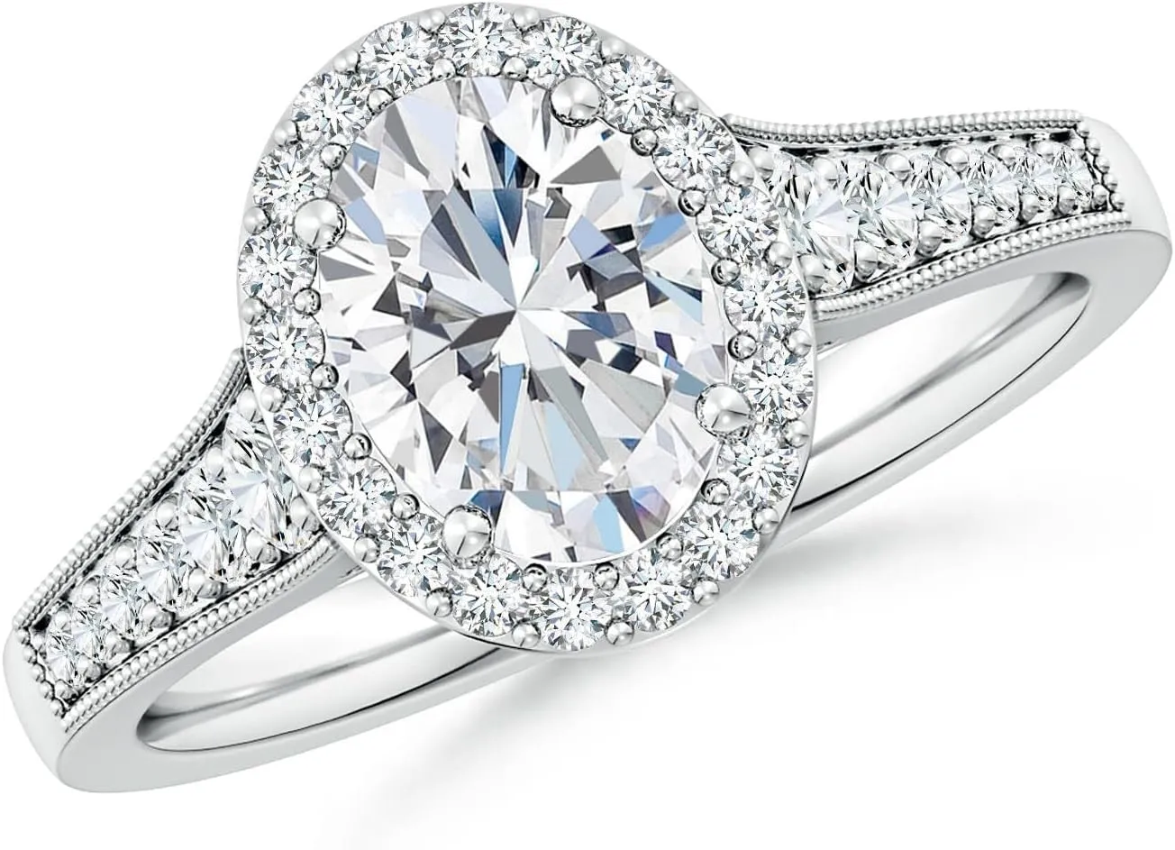 Angara Lab Grown Oval Diamond Halo Engagement Ring with Milgrain in Silver / 14K Solid Gold/Platinum | April Birthstone, Birthday, Anniversary, Wedding Jewelry Gift for Women