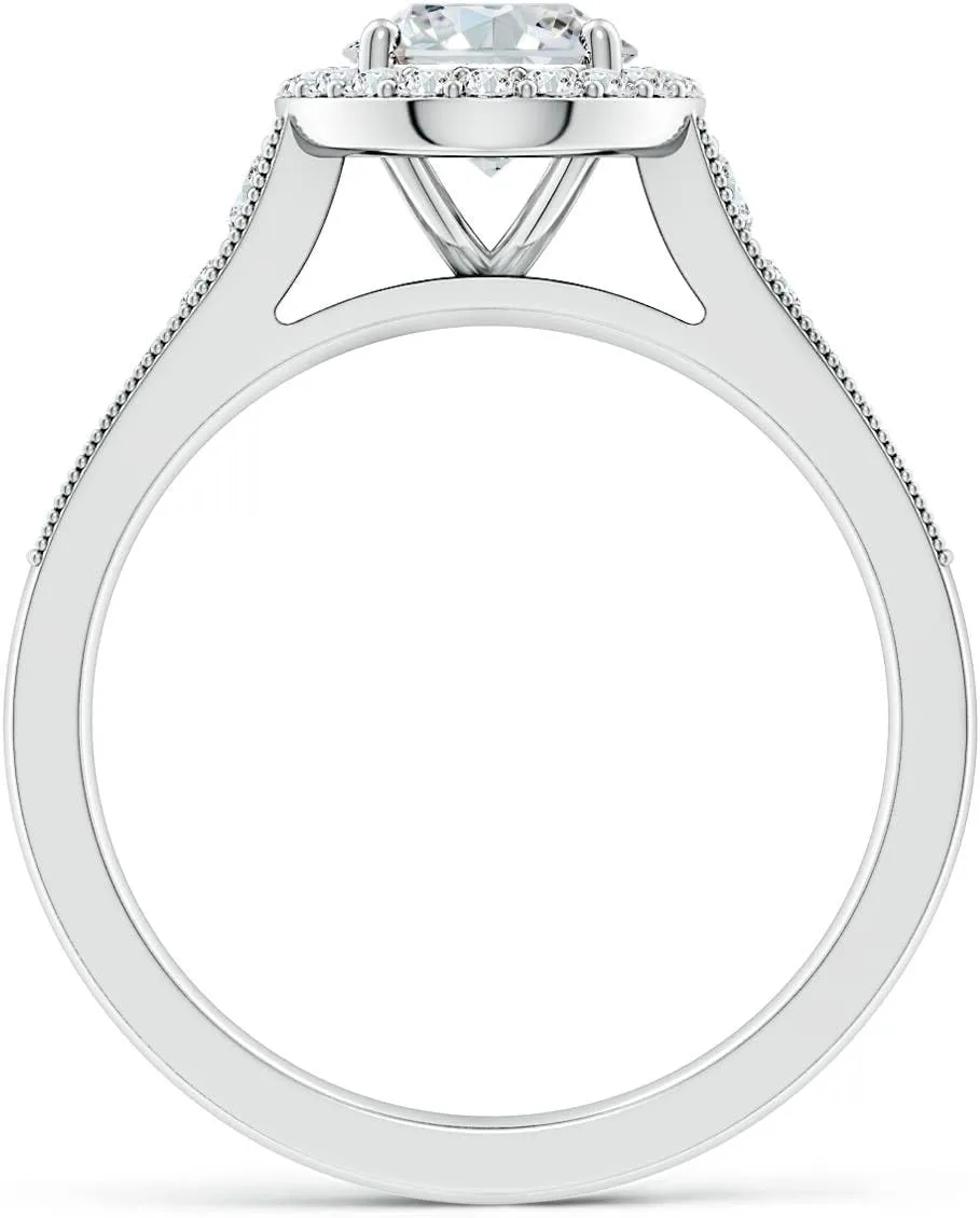 Angara Lab Grown Oval Diamond Halo Engagement Ring with Milgrain in Silver / 14K Solid Gold/Platinum | April Birthstone, Birthday, Anniversary, Wedding Jewelry Gift for Women