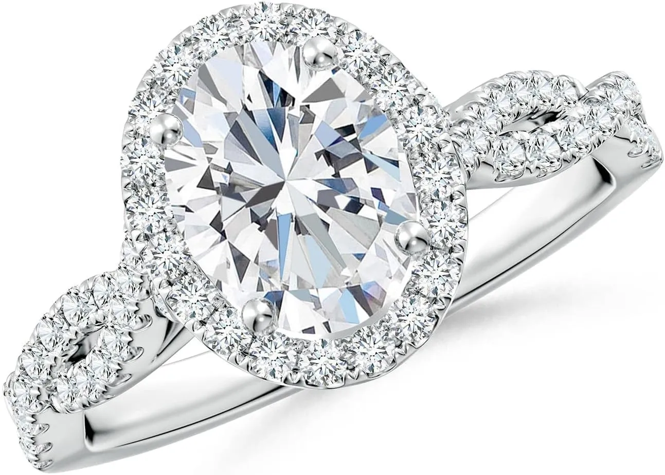 Angara Lab Grown Oval Diamond Halo Twisted Shank Engagement Ring in Silver / 14K Solid Gold/Platinum | April Birthstone, Birthday, Anniversary, Wedding Jewelry Gift for Women