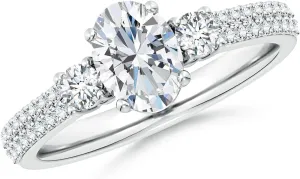 Angara Lab Grown Oval Diamond Side Stone Knife-Edge Shank Engagement Ring in Silver / 14K Solid Gold/Platinum | April Birthstone, Birthday, Anniversary, Wedding Jewelry Gift for Women