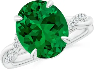 Angara Lab Grown Oval Emerald Twisted Shank Engagement Ring in 14K Solid Gold/Platinum | May Birthstone, Birthday, Anniversary, Wedding Jewelry Gift for Women