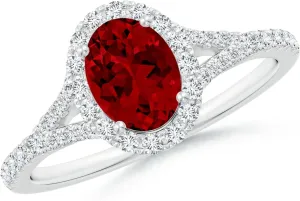 Angara Lab Grown Oval Ruby Halo Split Shank Engagement Ring in 14K Solid Gold/Platinum | July Birthstone, Birthday, Anniversary, Wedding Jewelry Gift for Women