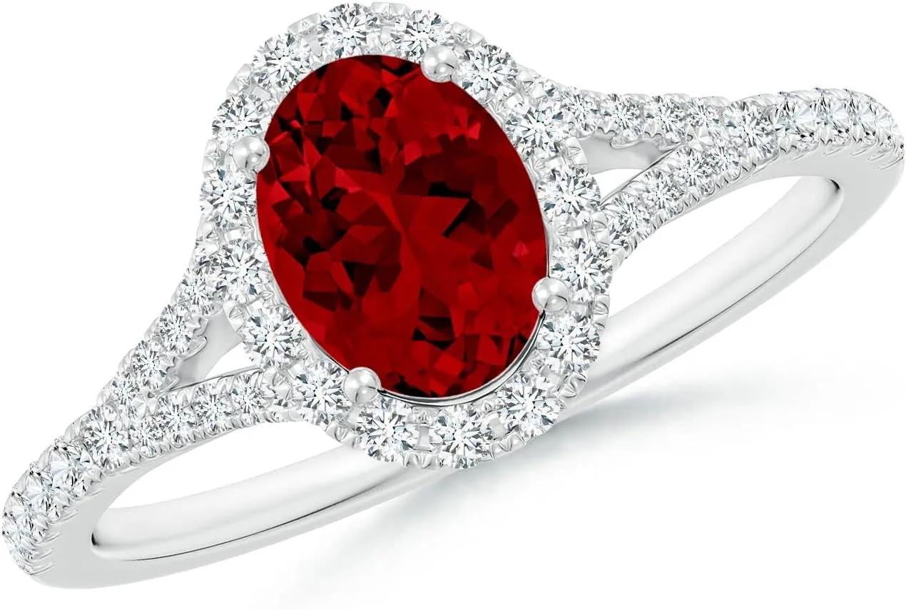 Angara Lab Grown Oval Ruby Halo Split Shank Engagement Ring in 14K Solid Gold/Platinum | July Birthstone, Birthday, Anniversary, Wedding Jewelry Gift for Women