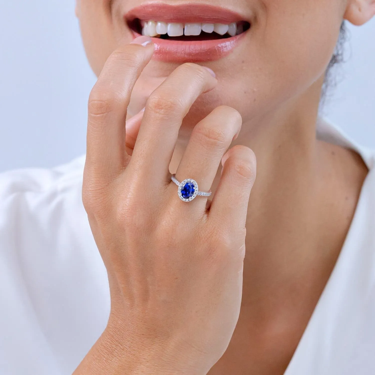 Angara Lab Grown Oval Sapphire Halo Ring with Lab Diamond Accents in 14K Solid Gold/Platinum | September Birthstone, Birthday, Engagement, Anniversary, Wedding Jewelry Gift for Women
