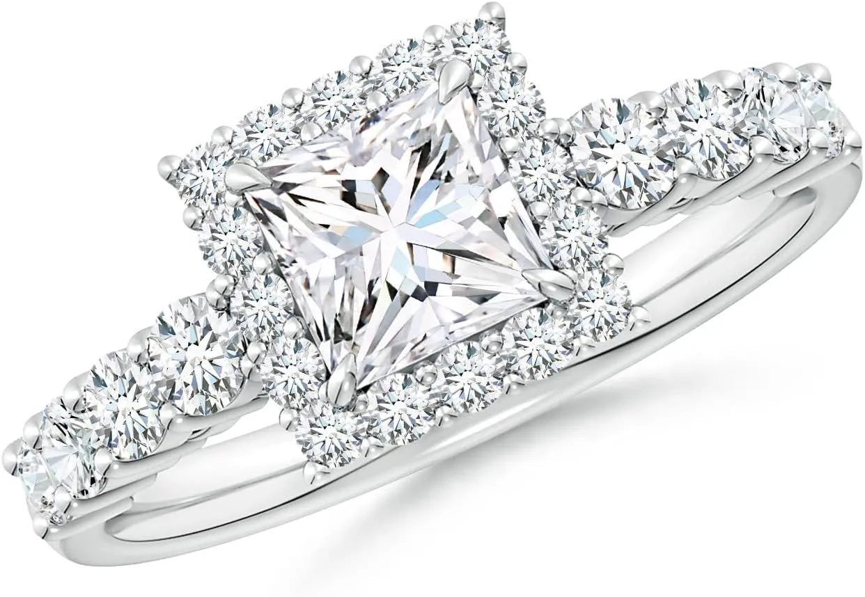Angara Lab Grown Princess-Cut Diamond Floral Halo Engagement Ring in Silver / 14K Solid Gold/Platinum | April Birthstone, Birthday, Anniversary, Wedding Jewelry Gift for Women