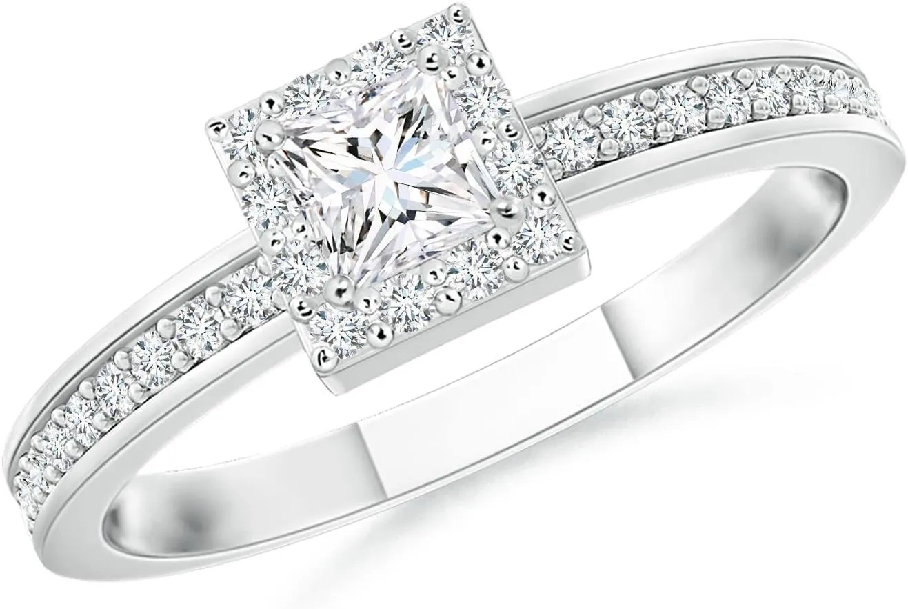 Angara Lab Grown Princess-Cut Diamond Halo Stackable Ring in Silver / 14K Solid Gold/Platinum | April Birthstone, Birthday, Engagement, Anniversary, Wedding Jewelry Gift for Women