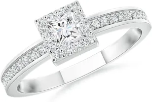 Angara Lab Grown Princess-Cut Diamond Halo Stackable Ring in Silver / 14K Solid Gold/Platinum | April Birthstone, Birthday, Engagement, Anniversary, Wedding Jewelry Gift for Women