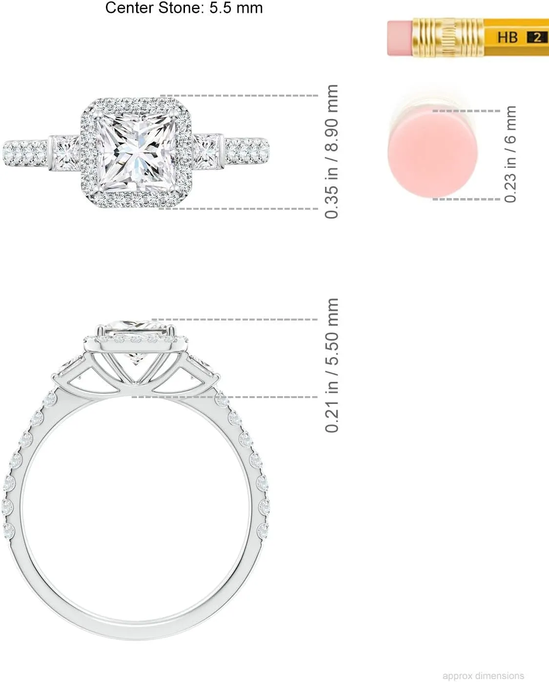 Angara Lab Grown Princess-Cut Diamond Side Stone Halo Engagement Ring in Silver / 14K Solid Gold/Platinum | April Birthstone, Birthday, Anniversary, Wedding Jewelry Gift for Women