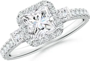 Angara Lab Grown Princess-Cut Diamond Side Stone Halo Engagement Ring in Silver / 14K Solid Gold/Platinum | April Birthstone, Birthday, Anniversary, Wedding Jewelry Gift for Women