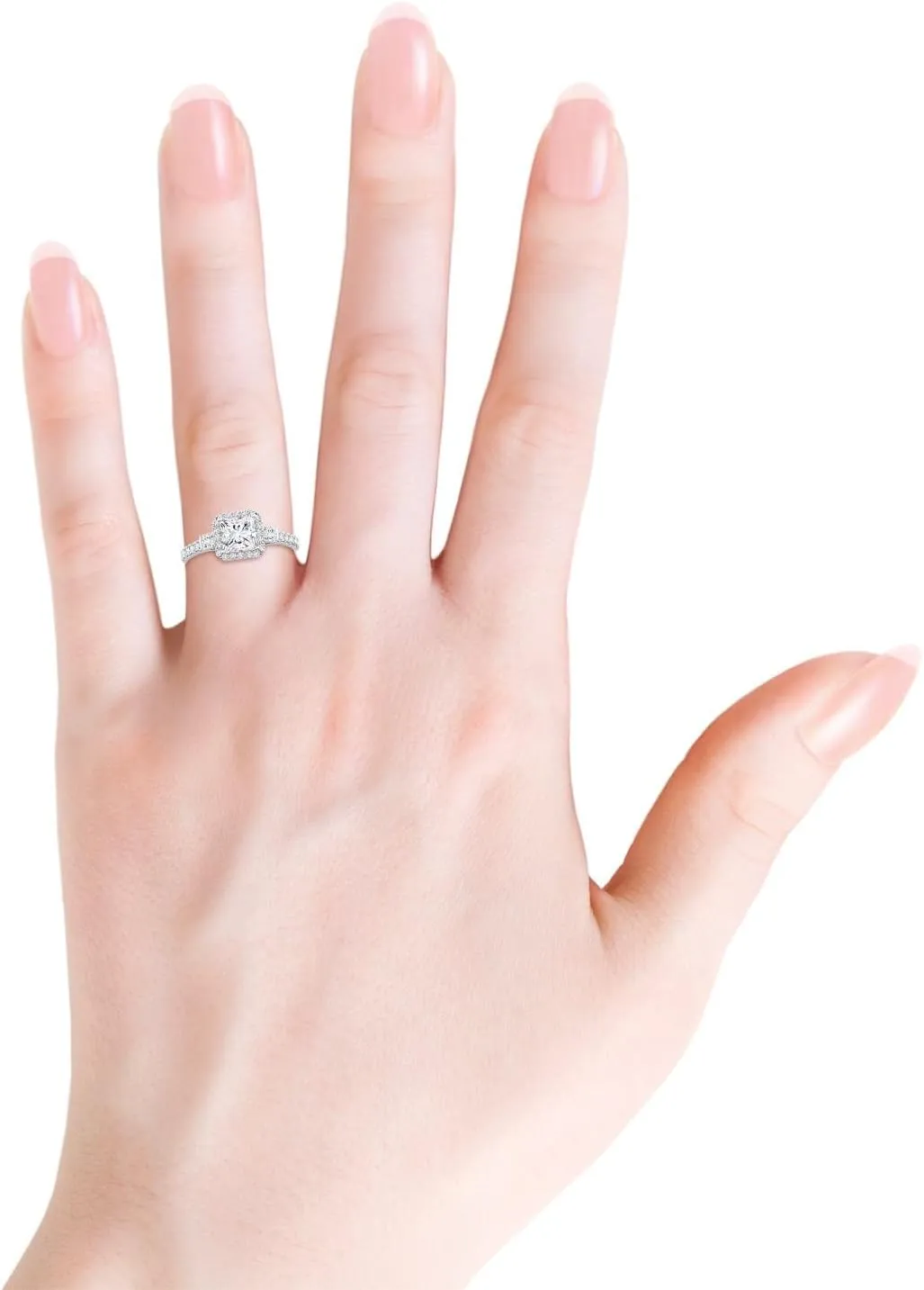 Angara Lab Grown Princess-Cut Diamond Side Stone Halo Engagement Ring in Silver / 14K Solid Gold/Platinum | April Birthstone, Birthday, Anniversary, Wedding Jewelry Gift for Women