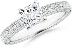 Angara Lab Grown Princess Cut Diamond Solitaire Ring with Milgrain Detailing in Silver / 14K Solid Gold/Platinum | April Birthstone, Birthday, Engagement, Anniversary, Wedding Jewelry Gift for Women