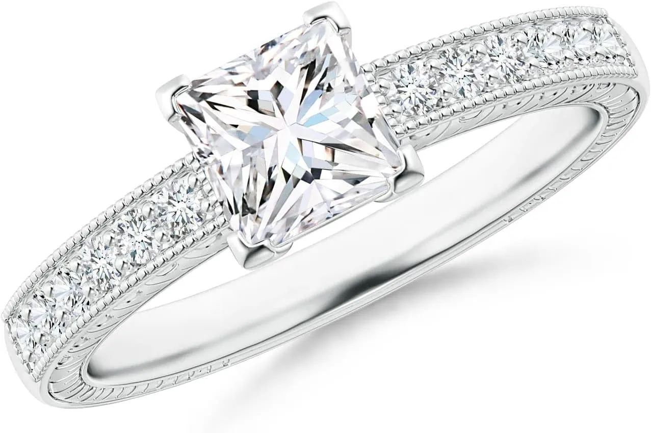 Angara Lab Grown Princess Cut Diamond Solitaire Ring with Milgrain Detailing in Silver / 14K Solid Gold/Platinum | April Birthstone, Birthday, Engagement, Anniversary, Wedding Jewelry Gift for Women