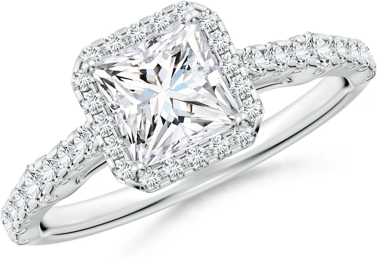 Angara Lab Grown Princess-Cut Diamond Station Halo Engagement Ring in Silver / 14K Solid Gold/Platinum | April Birthstone, Birthday, Anniversary, Wedding Jewelry Gift for Women