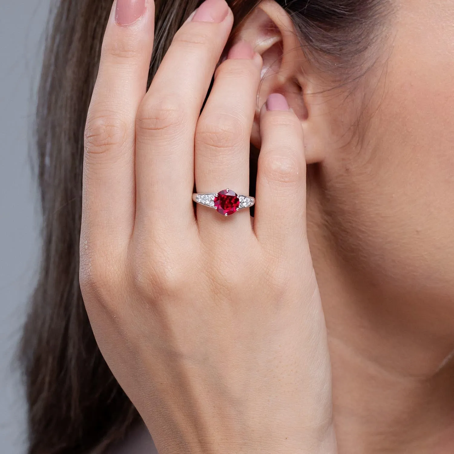 Angara Lab Grown Round Ruby Engagement Ring with Lab Diamonds in Silver / 14K Solid Gold/Platinum | July Birthstone, Birthday, Anniversary, Wedding Jewelry Gift for Women