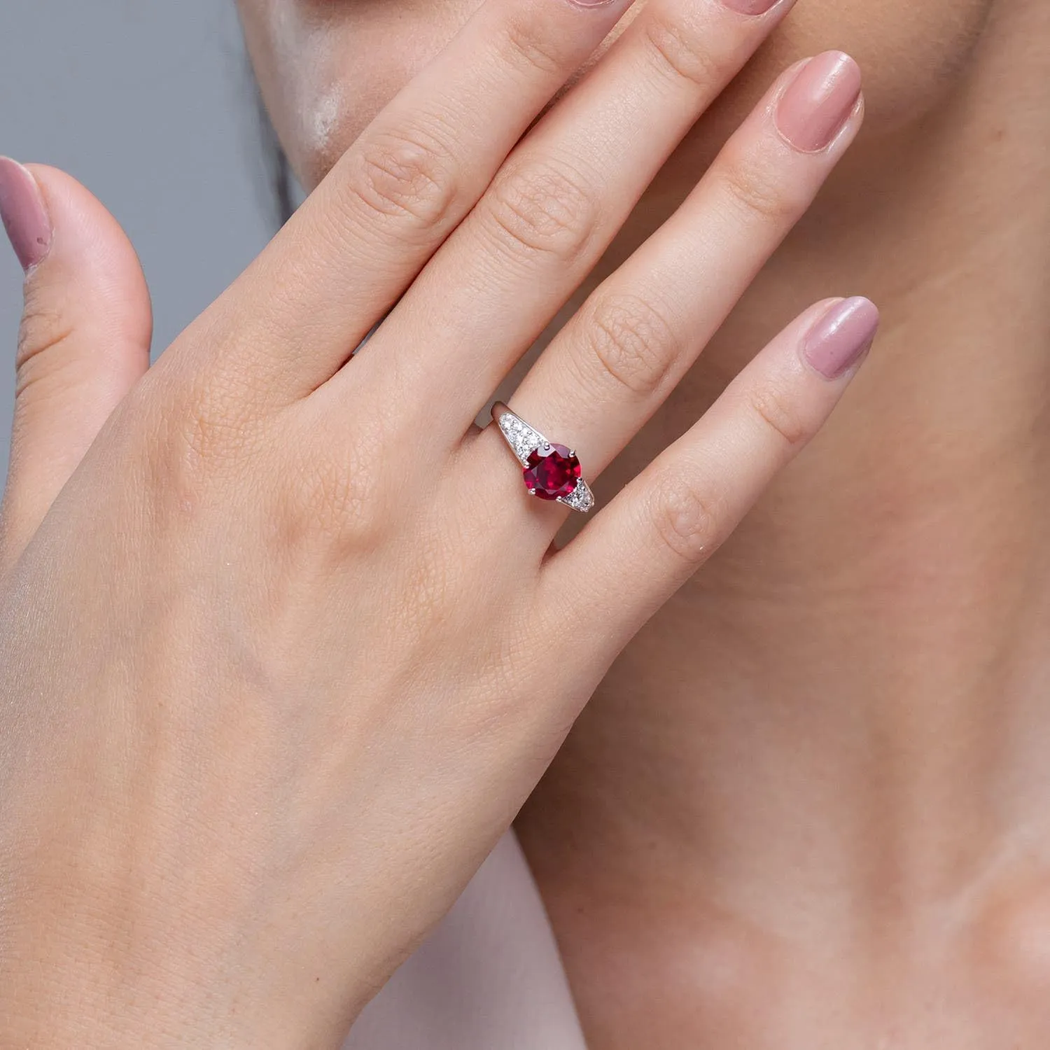 Angara Lab Grown Round Ruby Engagement Ring with Lab Diamonds in Silver / 14K Solid Gold/Platinum | July Birthstone, Birthday, Anniversary, Wedding Jewelry Gift for Women