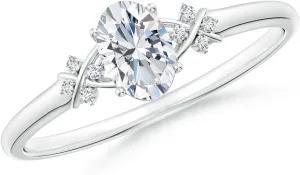 Angara Lab Grown Solitaire Oval Diamond Criss Cross Ring with Diamonds in Silver / 14K Solid Gold/Platinum | April Birthstone, Birthday, Engagement, Anniversary, Wedding Jewelry Gift for Women