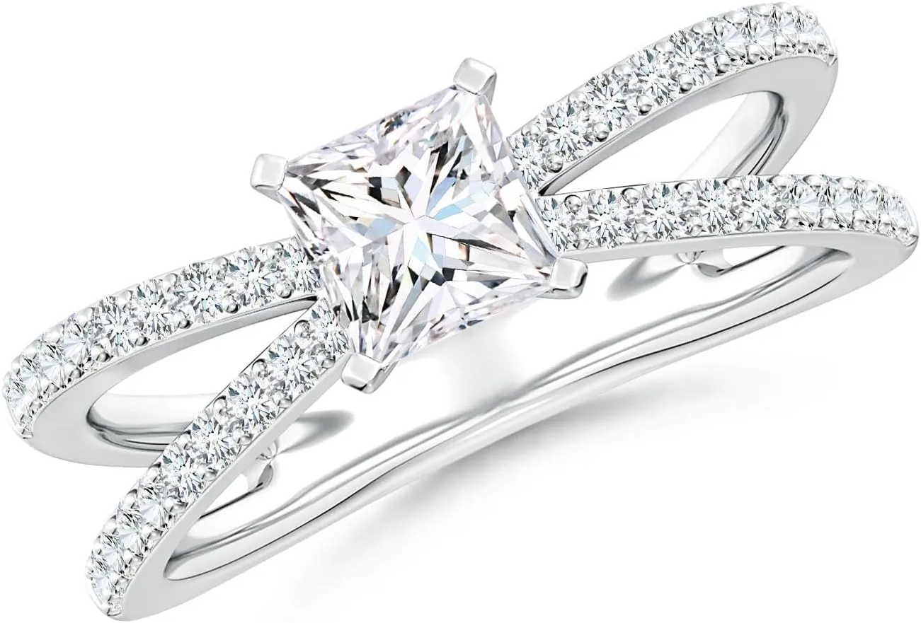 Angara Lab Grown Solitaire Princess-Cut Diamond Crossover Shank Engagement Ring in Silver / 14K Solid Gold/Platinum | April Birthstone, Birthday, Anniversary, Wedding Jewelry Gift for Women