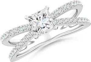 Angara Lab Grown Solitaire Princess-Cut Diamond Crossover Shank Engagement Ring in Silver / 14K Solid Gold/Platinum | April Birthstone, Birthday, Anniversary, Wedding Jewelry Gift for Women
