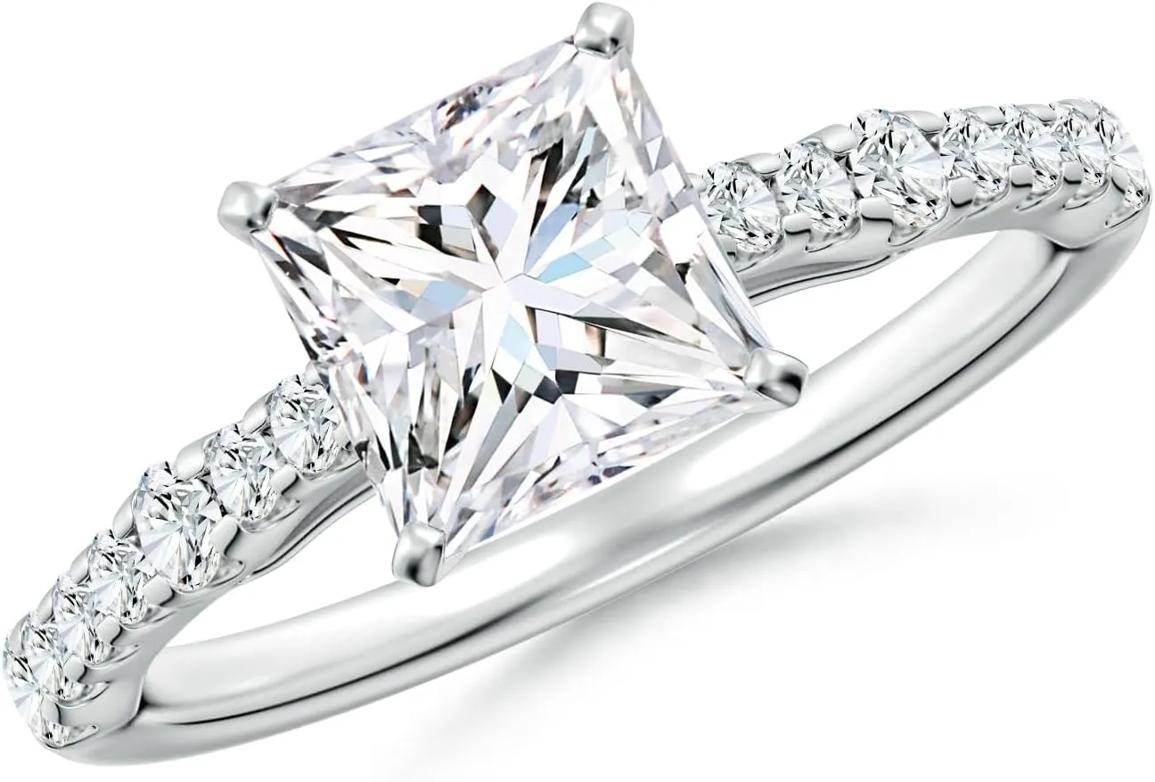 Angara Lab Grown Solitaire Princess-Cut Diamond Station Engagement Ring in Silver / 14K Solid Gold/Platinum | April Birthstone, Birthday, Anniversary, Wedding Jewelry Gift for Women