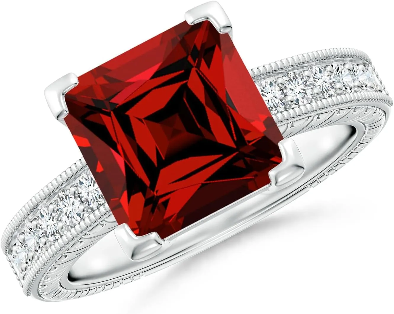 Angara Lab Grown Square Cut Ruby Solitaire Ring with Milgrain Detailing in Silver / 14K Solid Gold/Platinum | July Birthstone, Birthday, Engagement, Anniversary, Wedding Jewelry Gift for Women
