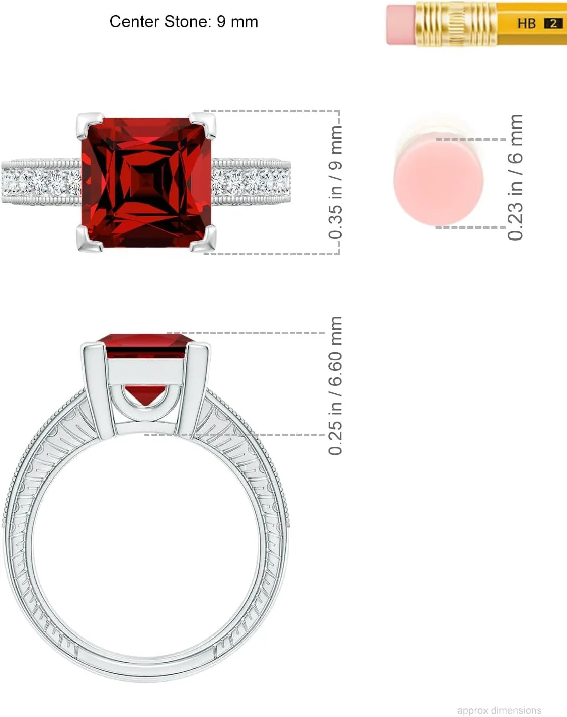 Angara Lab Grown Square Cut Ruby Solitaire Ring with Milgrain Detailing in Silver / 14K Solid Gold/Platinum | July Birthstone, Birthday, Engagement, Anniversary, Wedding Jewelry Gift for Women