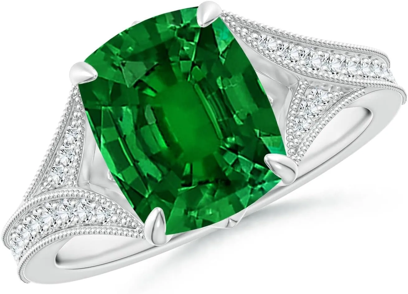 Angara Lab Grown Vintage Inspired Cushion Rectangular Emerald Split Shank Engagement Ring in 14K Solid Gold/Platinum | Birthday, Anniversary, Wedding Jewelry Gift for Women