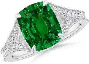 Angara Lab Grown Vintage Inspired Cushion Rectangular Emerald Split Shank Engagement Ring in 14K Solid Gold/Platinum | Birthday, Anniversary, Wedding Jewelry Gift for Women