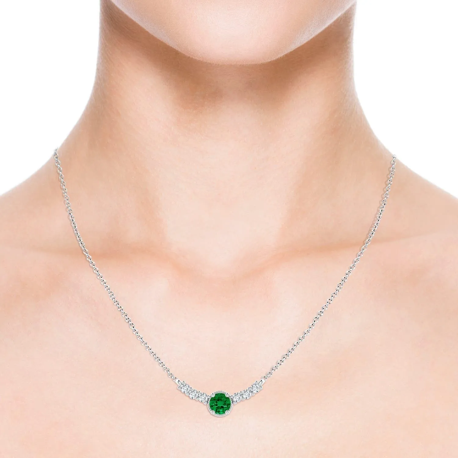 Angara Lab Grown Vintage Inspired Emerald and Lab Diamond Curved Bar Pendant in Silver / 14K Solid Gold/Platinum | Birthday, Engagement, Anniversary, Wedding Jewelry Gift for Women