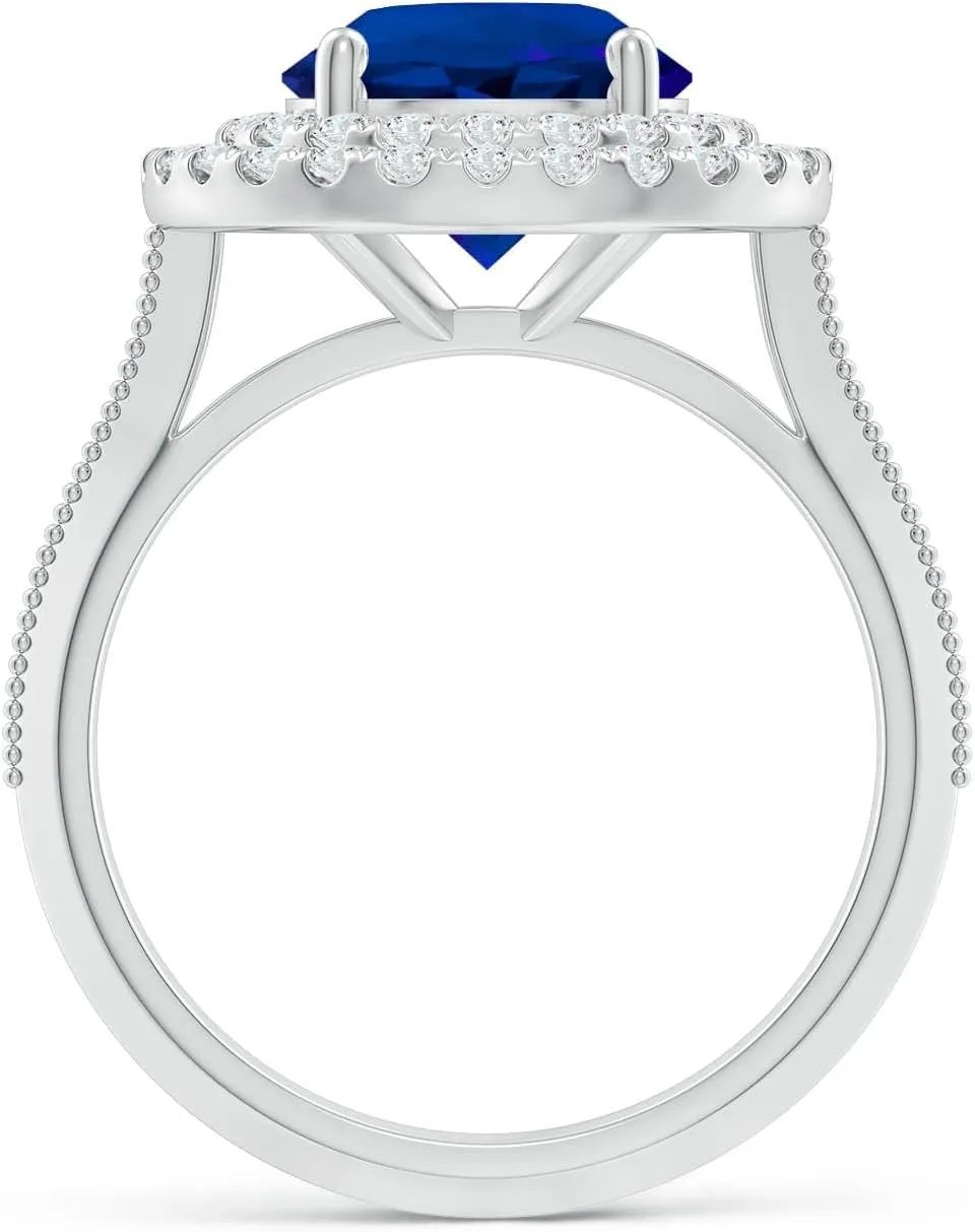 Angara Lab Grown Vintage Inspired Round Blue Sapphire Double Halo Engagement Ring in 14K Solid Gold/Platinum | Birthday, Anniversary, Wedding Jewelry Gift for Women
