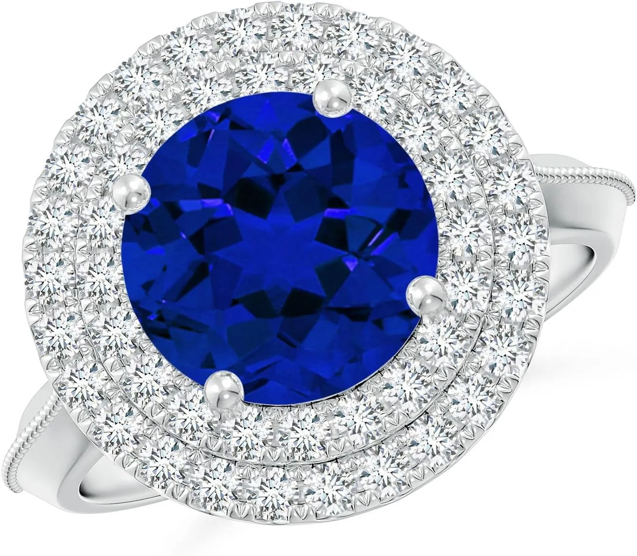 Angara Lab Grown Vintage Inspired Round Blue Sapphire Double Halo Engagement Ring in 14K Solid Gold/Platinum | Birthday, Anniversary, Wedding Jewelry Gift for Women